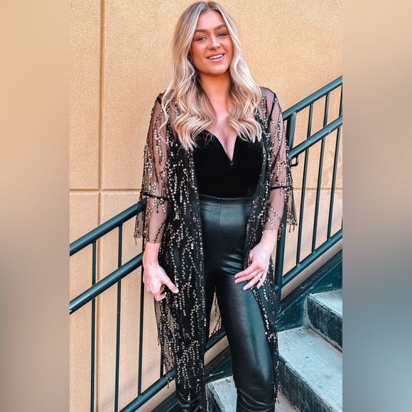 Sweaters - Sequin Open Front Sheer Cardigan